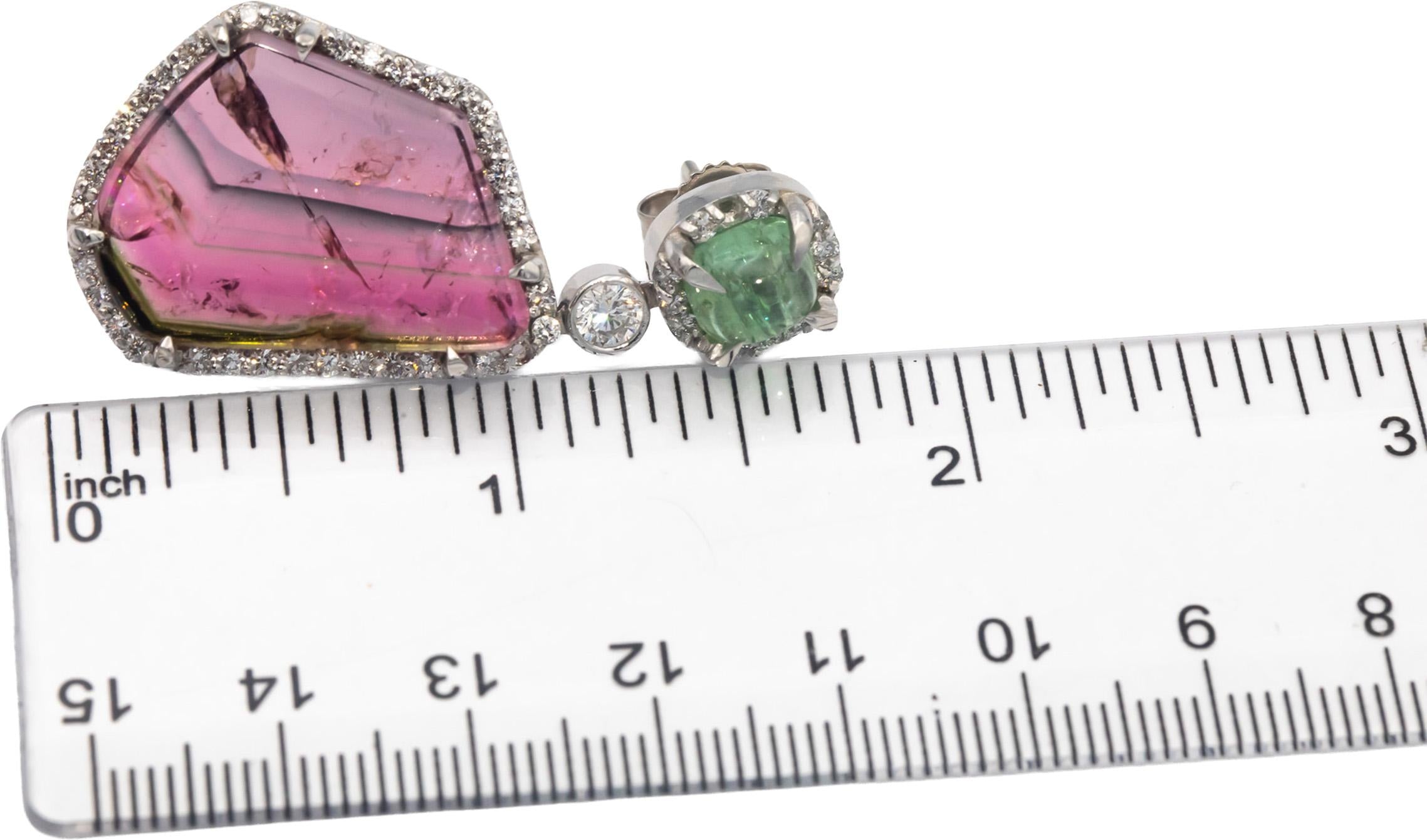 18k White Gold Diamond Green & Pink Tourmaline Dangle Earrings 12.50CT
