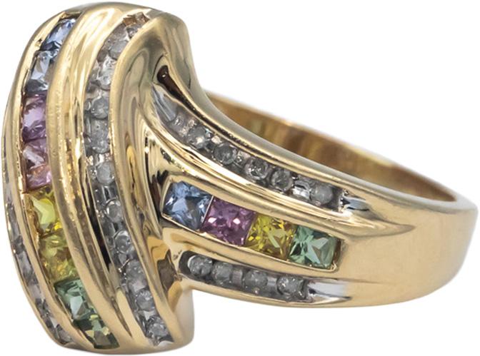 14k Yellow Gold 1.30CT Diamond & Rainbow Sapphire Crossover Ring Size 7.75