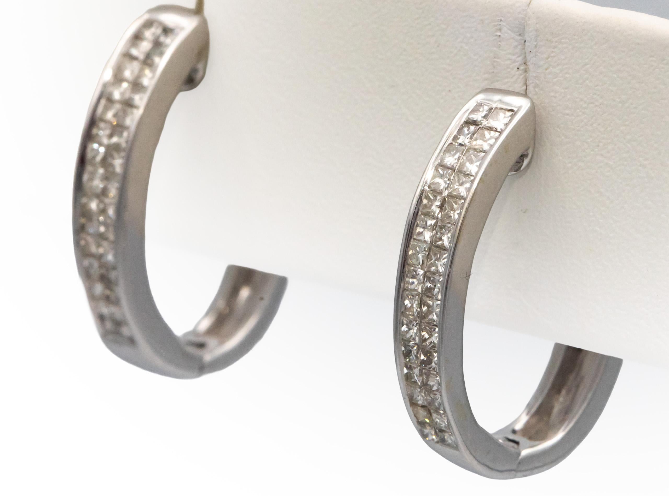 14k White Gold Princess Cut Invisible Set Oval Hoop Earrings 1.0CT