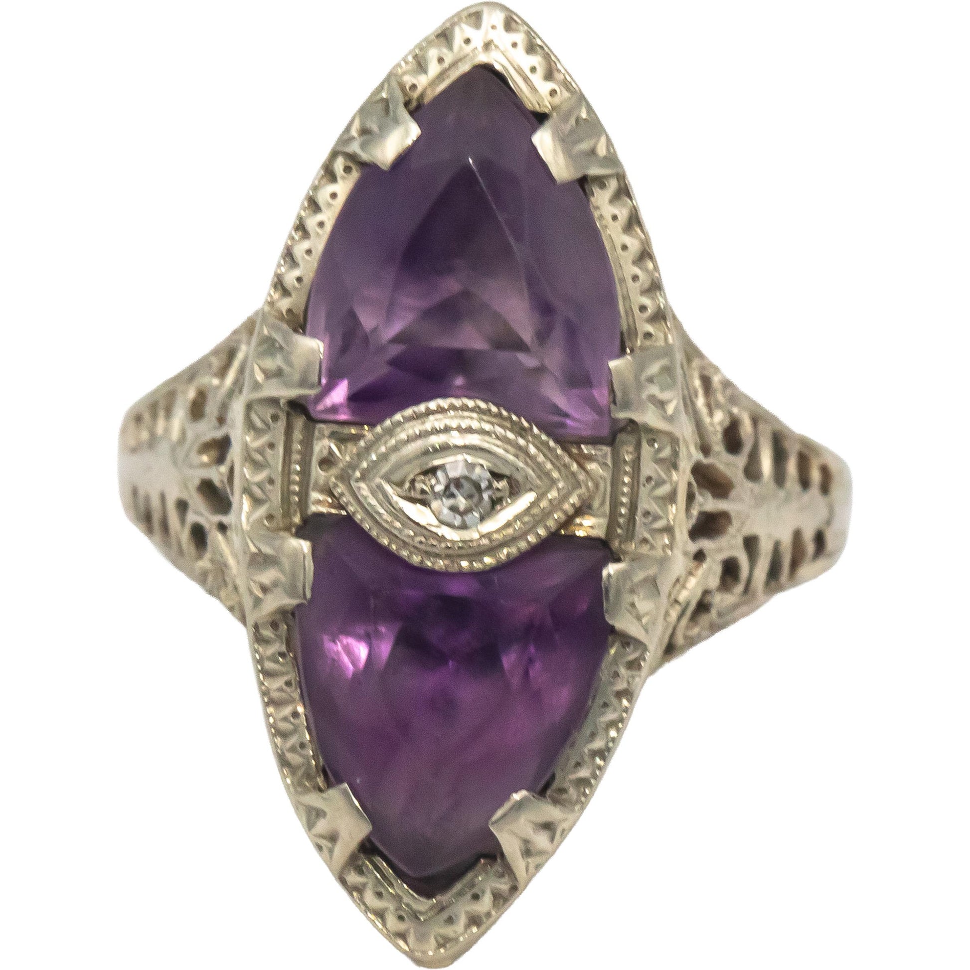 Antique Vintage 14k White Gold 3.0CT Amethyst Filigree Ring w/ Diamond Accents