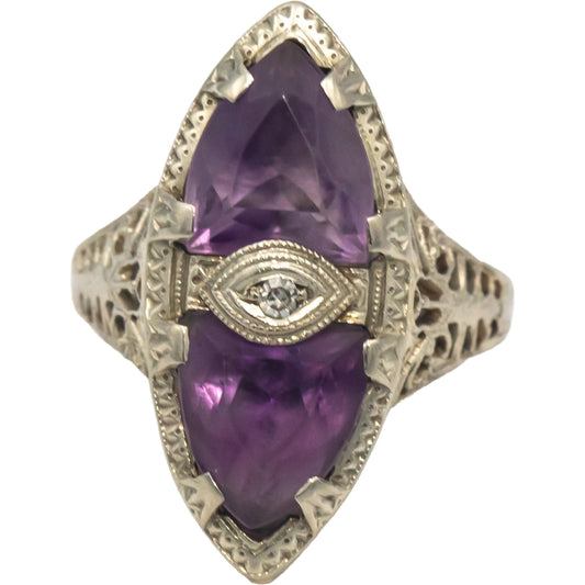Antique Vintage 14k White Gold 3.0CT Amethyst Filigree Ring w/ Diamond Accents