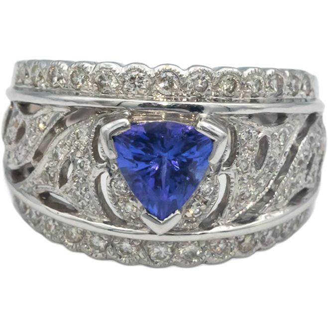 Designer 18k White Gold 1.51CT Diamond and Tanzanite Cocktail Ring Size 6.25