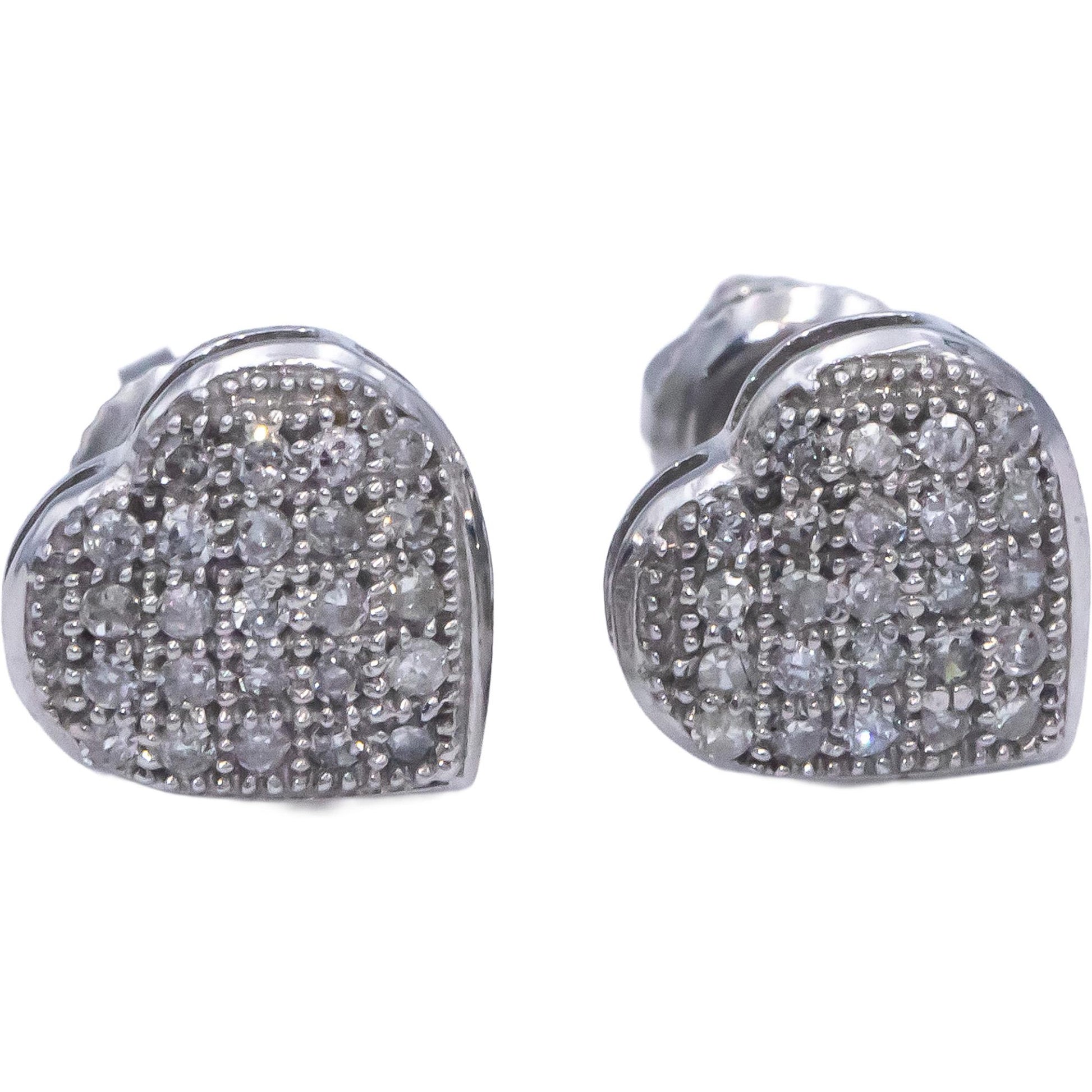 Diamond Round Cut 10k White Gold Cluster Heart Stud Screw Back Earrings 0.10CT