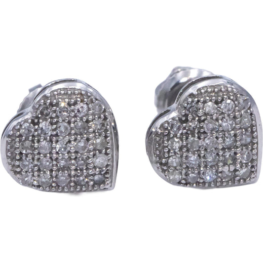 Diamond Round Cut 10k White Gold Cluster Heart Stud Screw Back Earrings 0.10CT