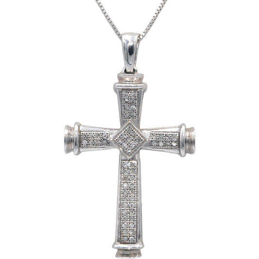 14k White Gold Round Diamond Cross Crucifix Pendant Necklace 0.15CT
