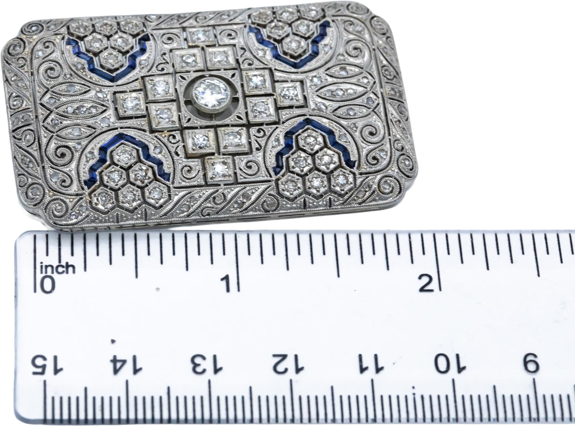 Art Deco Platinum & 18k Gold VS Diamond & Synthetic Sapphire Brooch 1.75CT