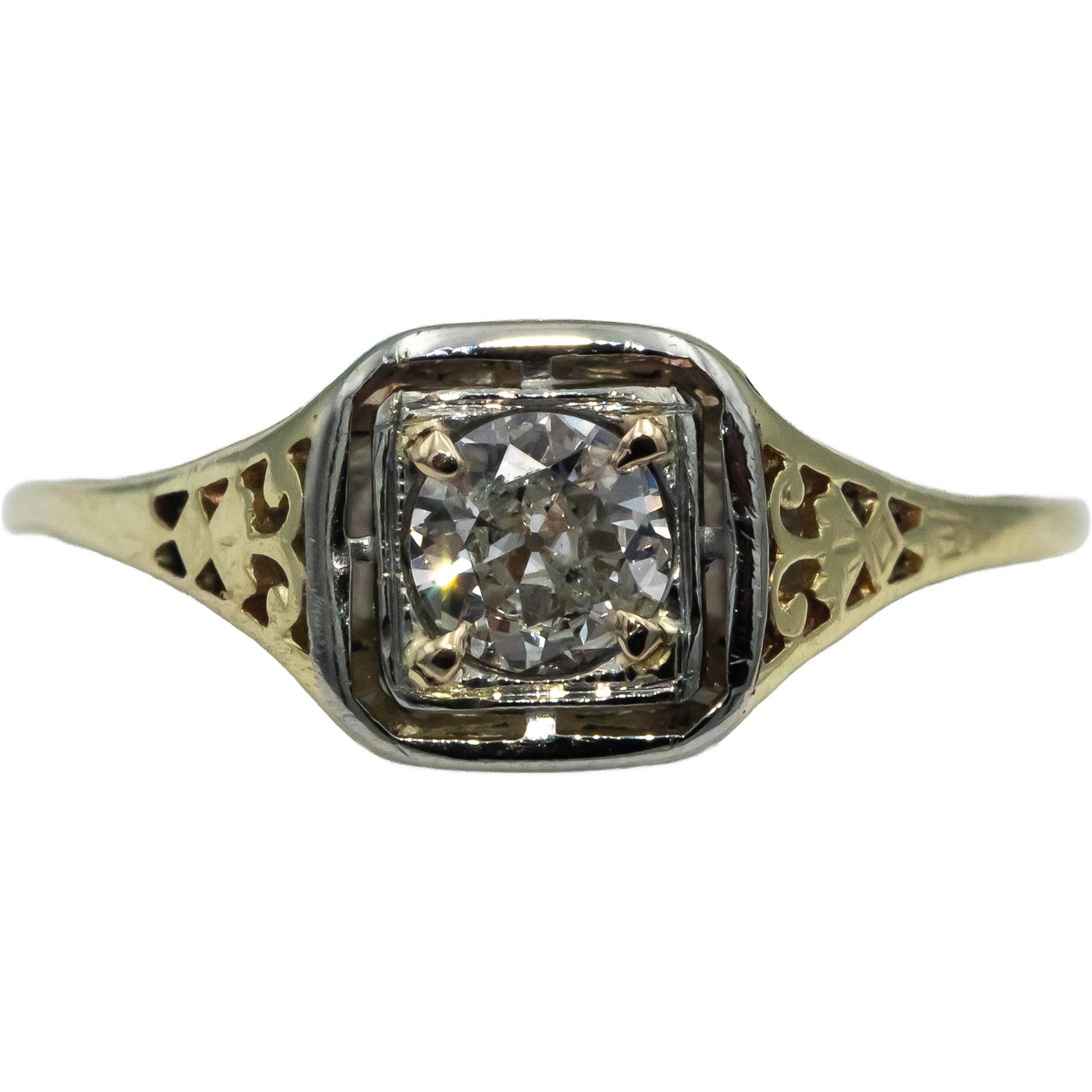 14k Yellow & White Gold Old Euro Diamond Solitaire Filigree Ring .33CT Size 8.75