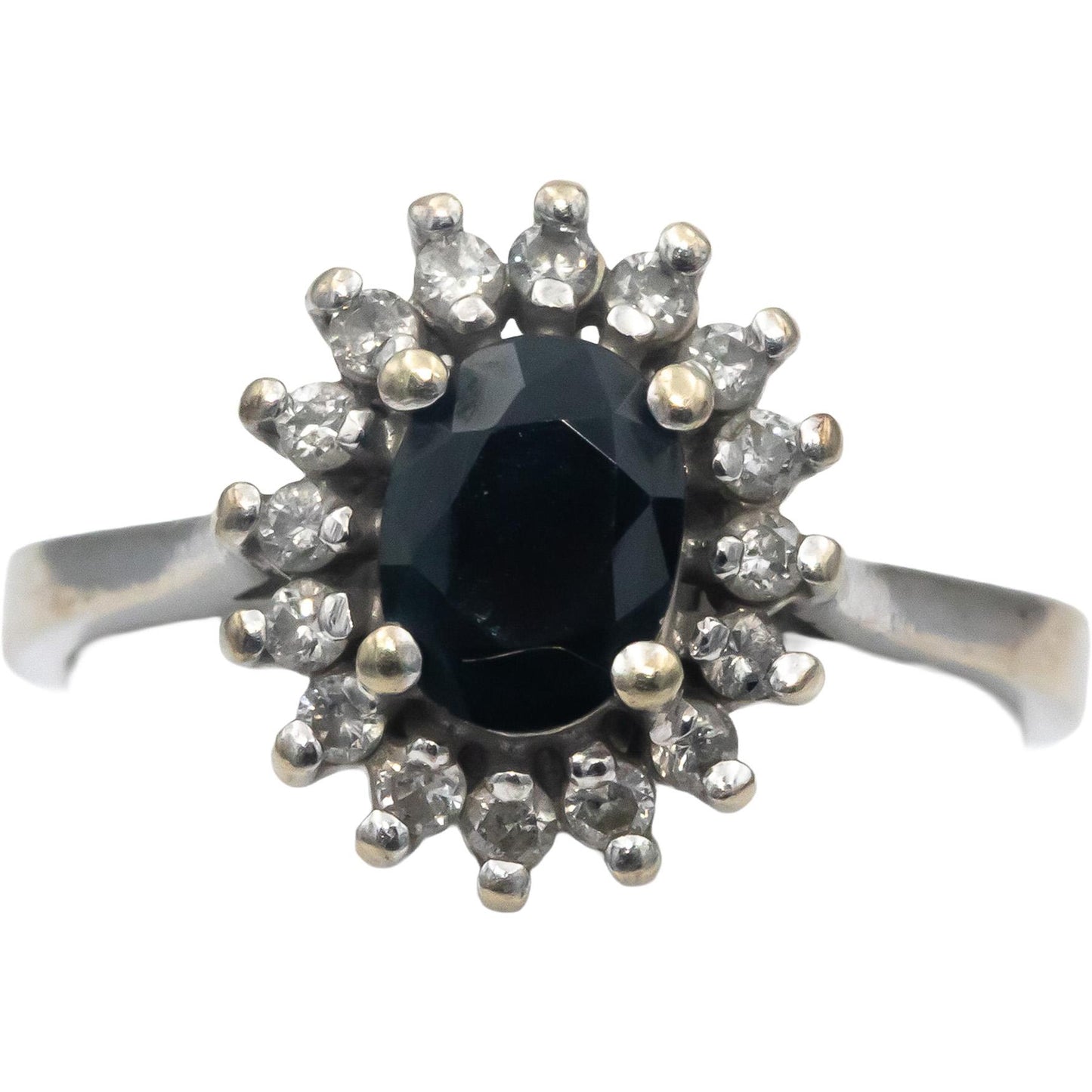 10k White Gold Round Diamond Oval Sapphire Halo Ring 1.0CT Size 6.75