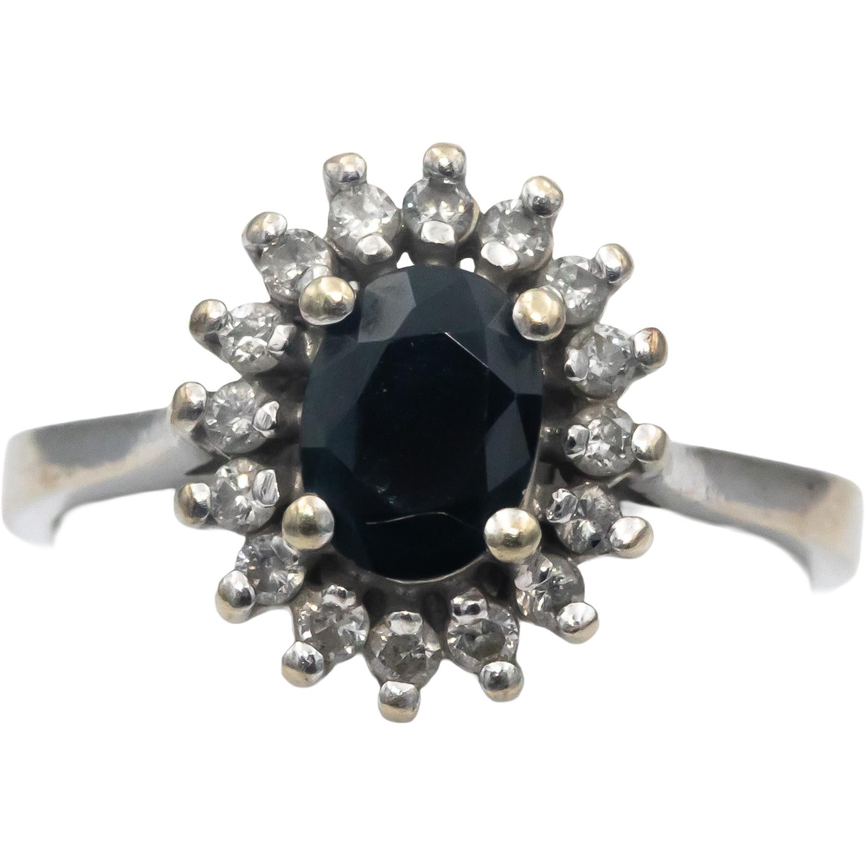 10k White Gold Round Diamond Oval Sapphire Halo Ring 1.0CT Size 6.75