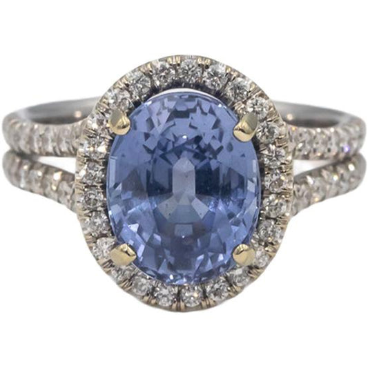 18k White Gold Oval Sapphire & Round Diamond Halo Cocktail Ring 4.90CT Size 6.5