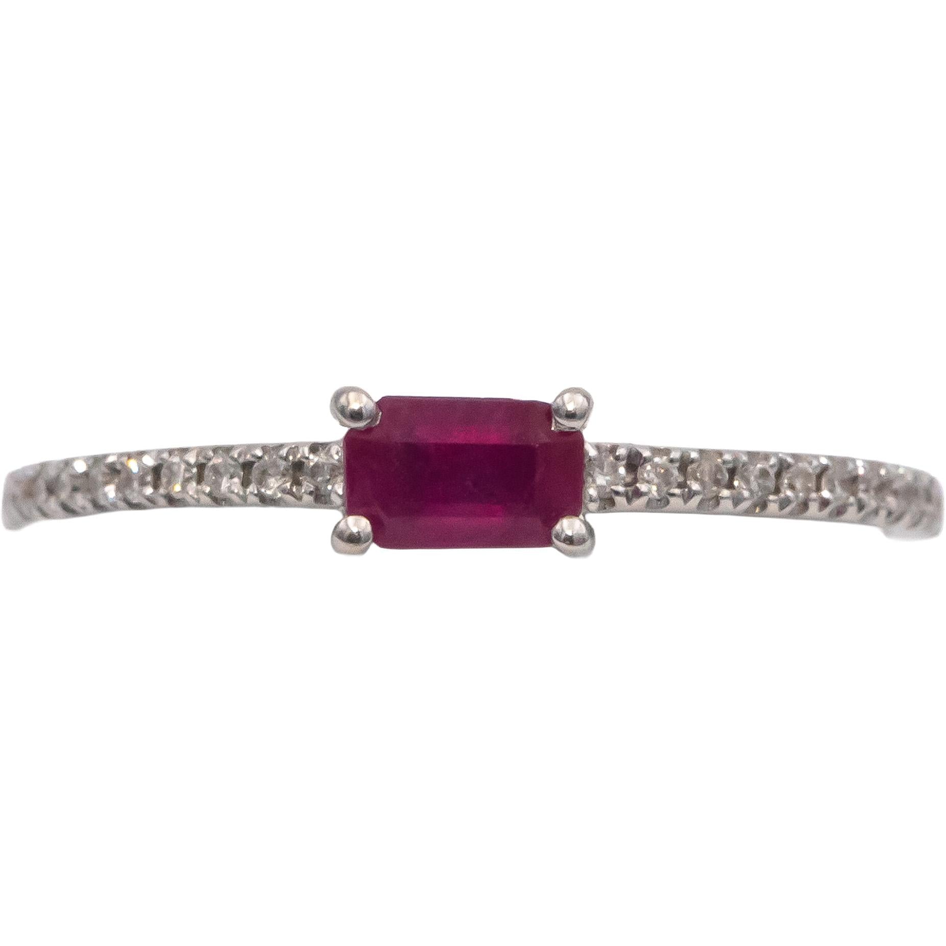 18k White Gold Emerald Cut Ruby Round Diamond Band Ring 0.45CT Size 7