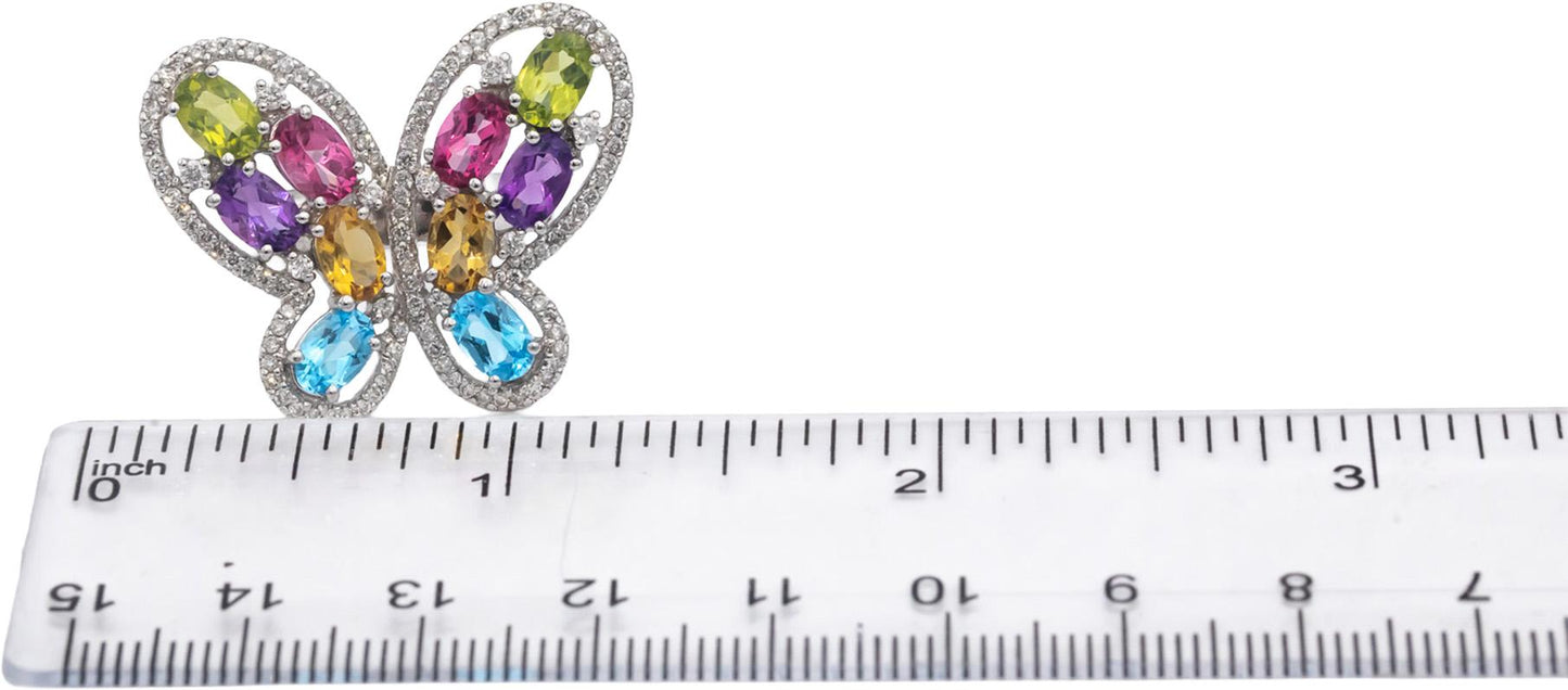 14k White Gold Diamond Assorted Gemstones Butterfly Cocktail Ring 0.75CT Sz 6.5