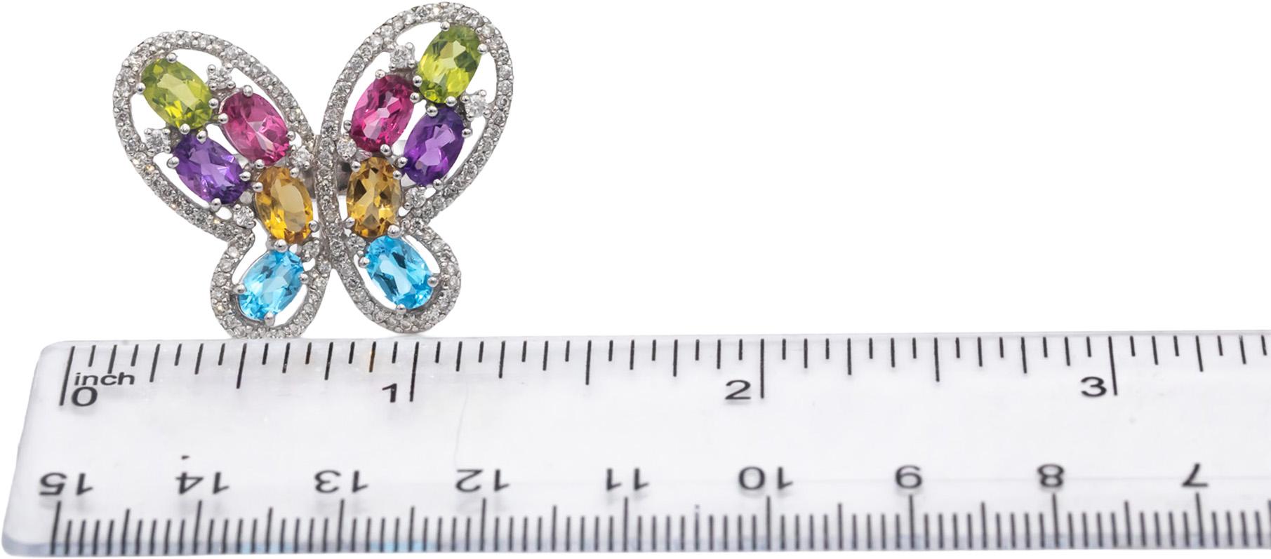 14k White Gold Diamond Assorted Gemstones Butterfly Cocktail Ring 0.75CT Sz 6.5