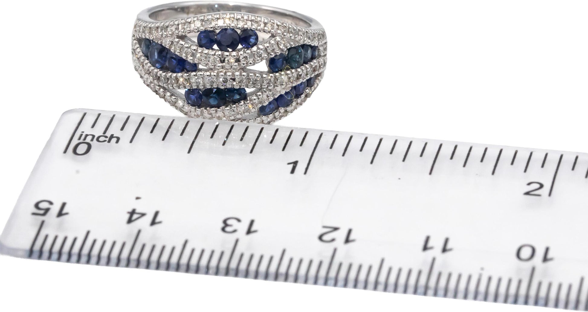14k White Gold Round Diamond & Blue Sapphire Cocktail Ring 1.15CT Size 7
