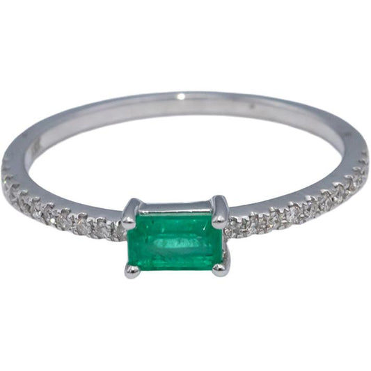 18k White Gold Emerald & VS Diamond Band Ring 0.33CT Size 7.25