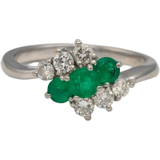 Platinum Round Diamond & Emerald Cocktail Ring 0.75CT Size 6.5