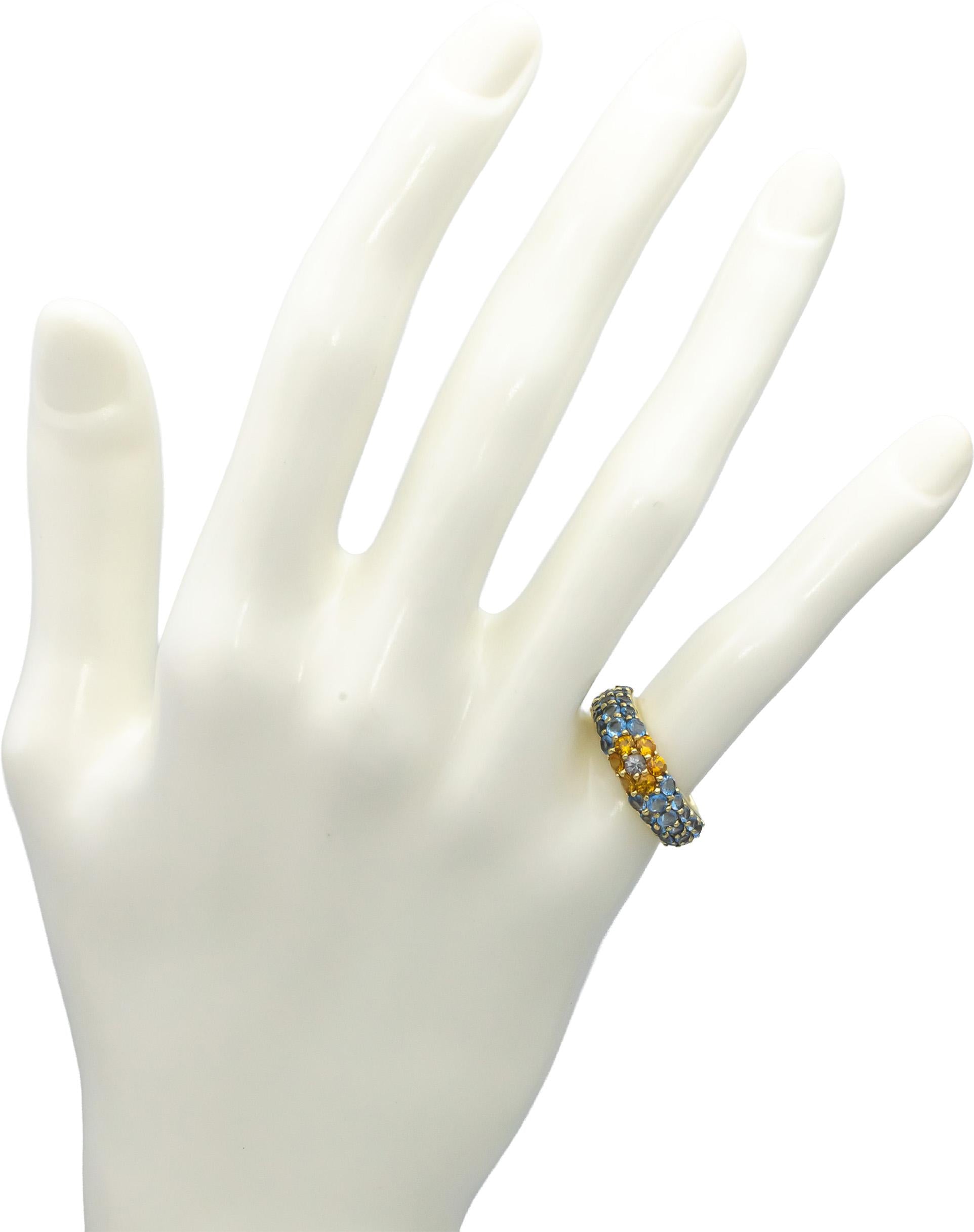 18k Yellow Gold White & Yellow Sapphire Blue Topaz Cluster Band Ring 5.25