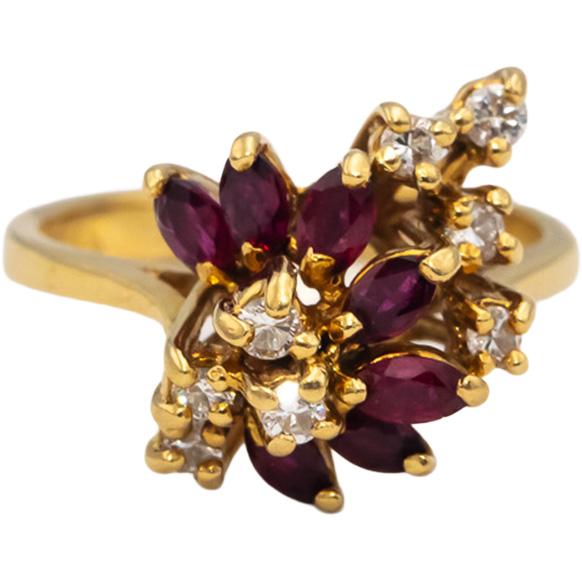 18k Yellow Gold Marquise Ruby Round Diamond Cluster Cocktail Ring 0.55CTW