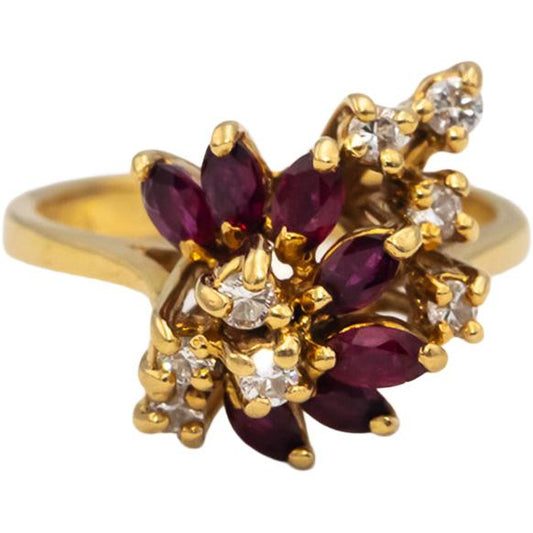 18k Yellow Gold Marquise Ruby Round Diamond Cluster Cocktail Ring 0.55CTW