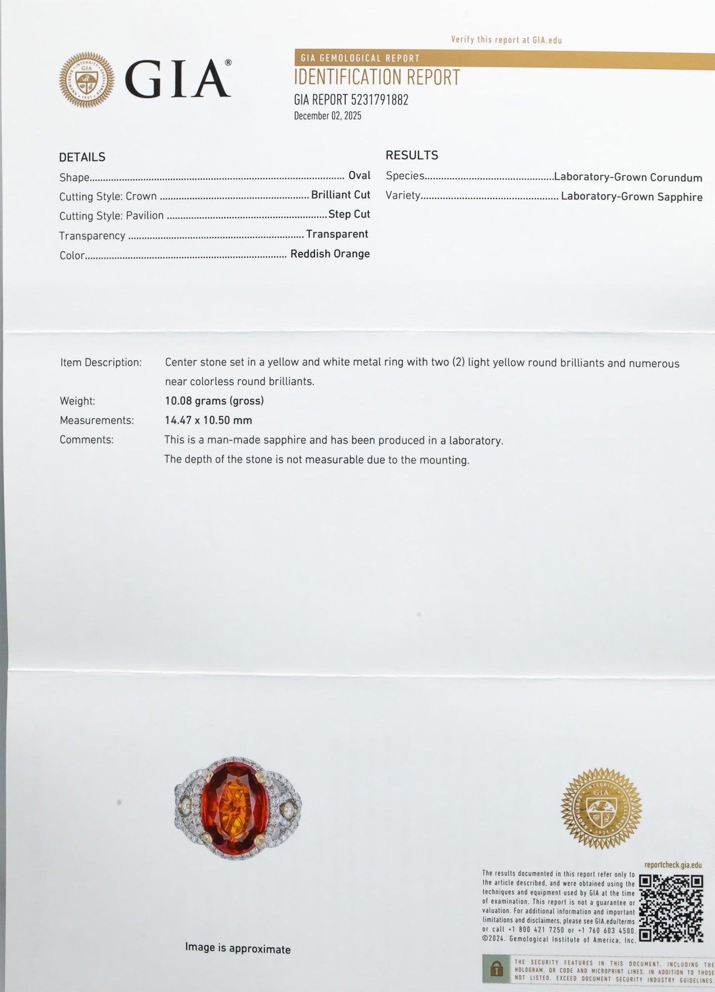 GIA 14k Gold Lab-Grown Sapphire and Round Diamond Ring 0.75CT Size 7.25