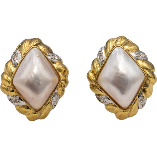 14k Yellow Gold Round Diamond and Mabe Pearl Earrings 0.08CT