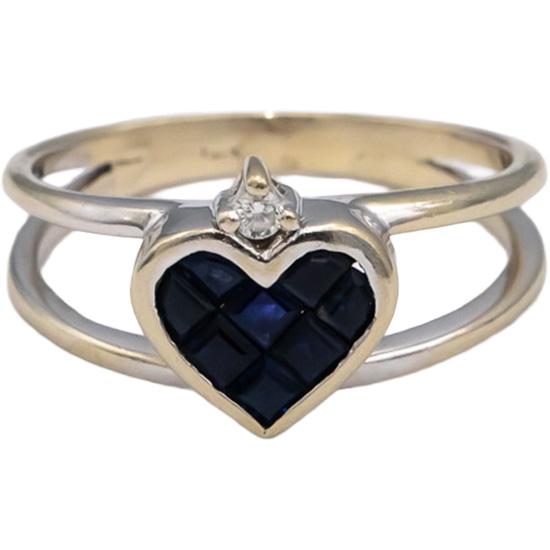14k White Gold Square Cut Sapphire Round Diamond Heart Ring 0.52CT Size 6