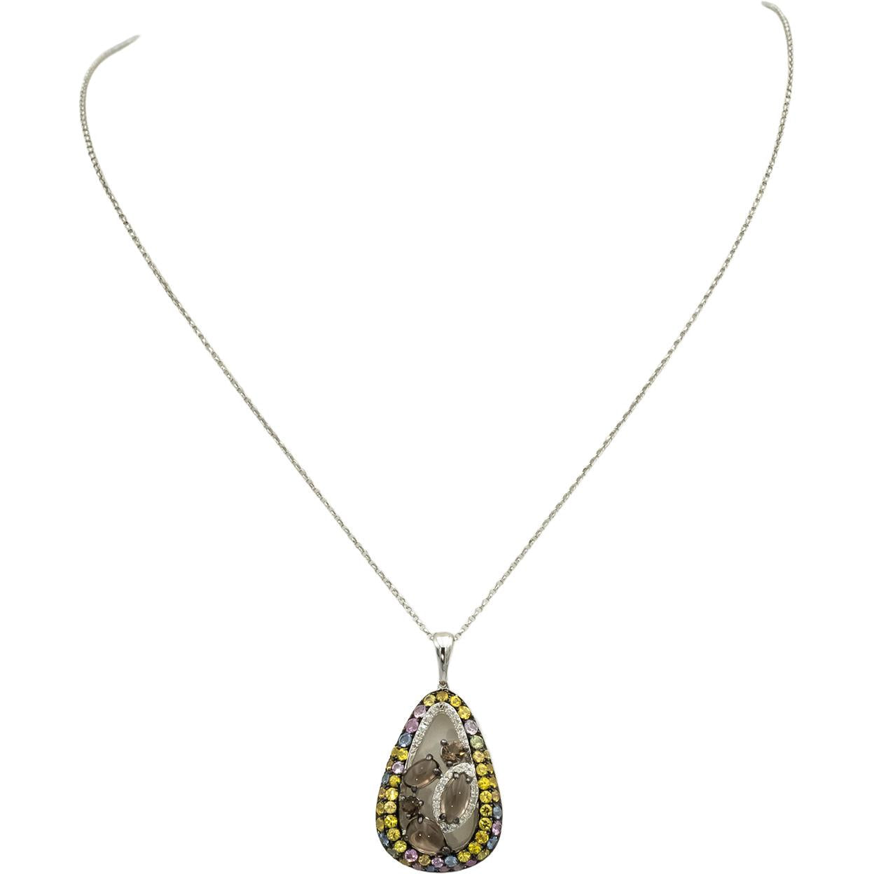 14k White Gold Diamond & Multi Color Gemstone Abstract Pendant Necklace 1.50CTW