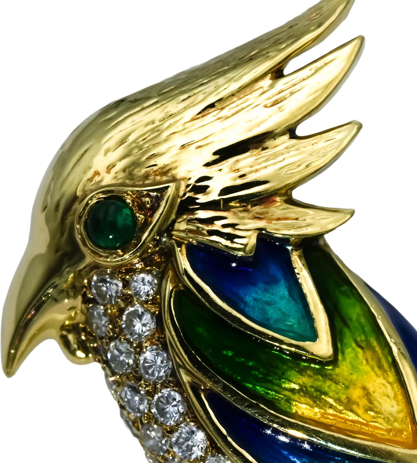 18k Yellow Gold VS Diamond and Colorful Enamel Bird Brooch 0.83CT