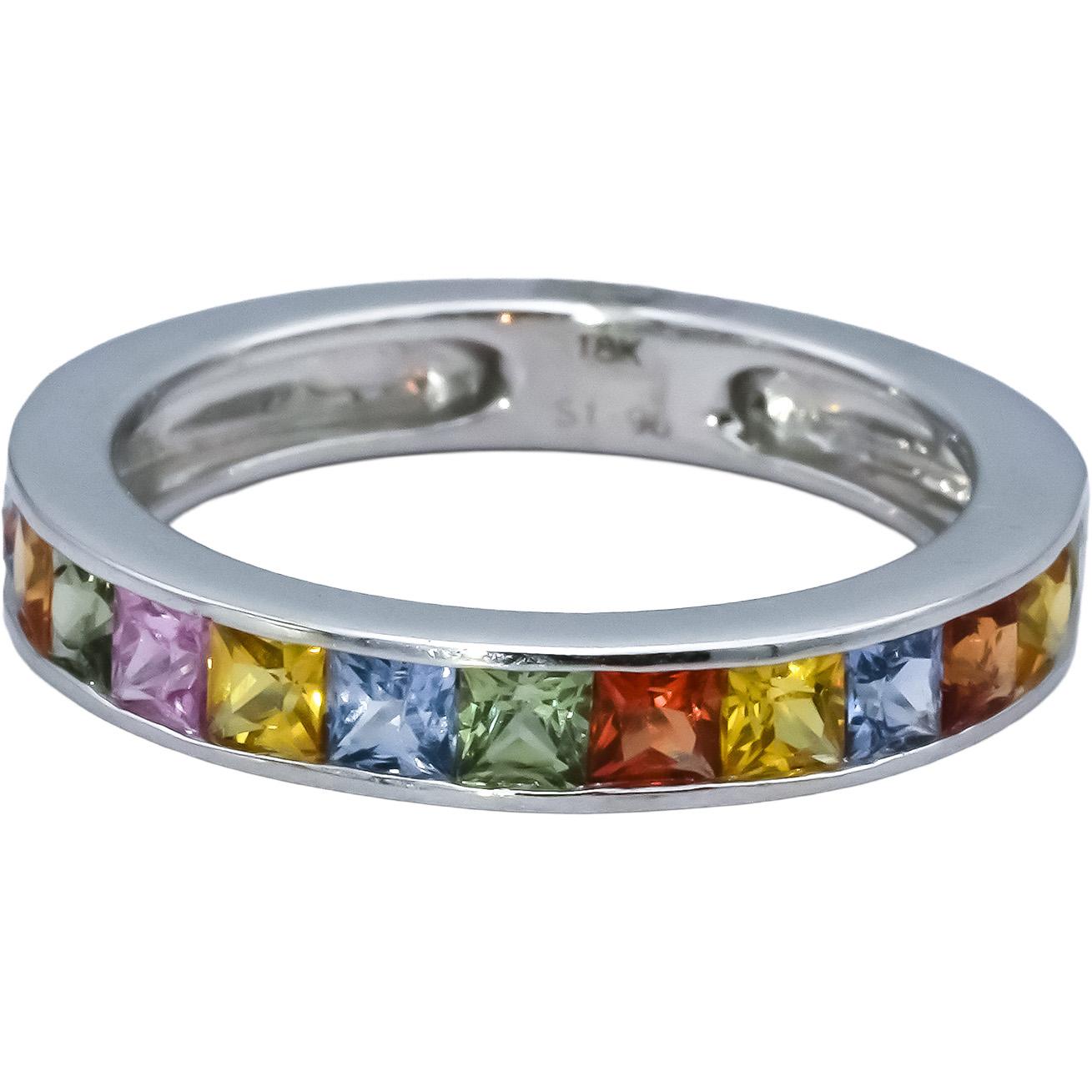 14k White Gold Channel Set Rainbow Sapphire Band Ring 1.96CT Size 7.75