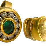 18k Yellow and White Gold Round Diamond & Oval Cut Emerald Stud Earrings 0.30CTW
