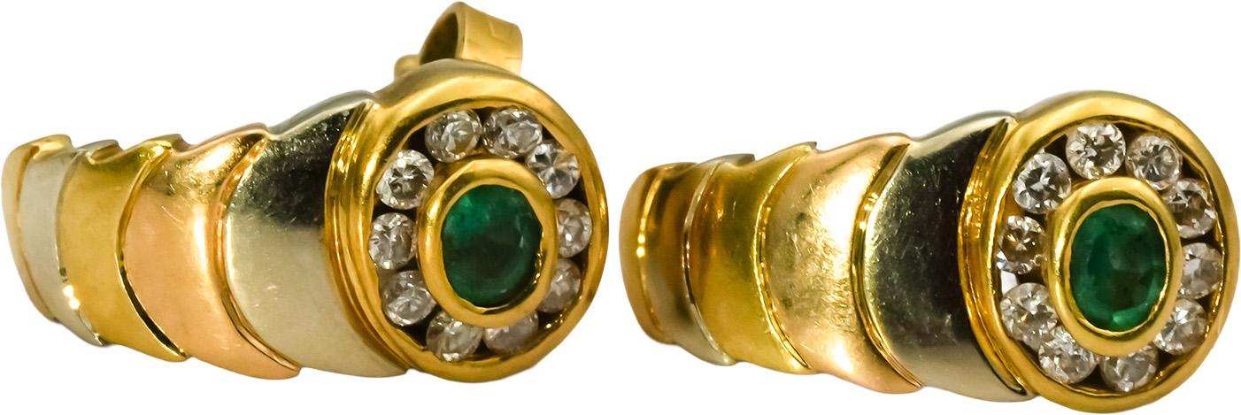 18k Yellow and White Gold Round Diamond & Oval Cut Emerald Stud Earrings 0.30CTW