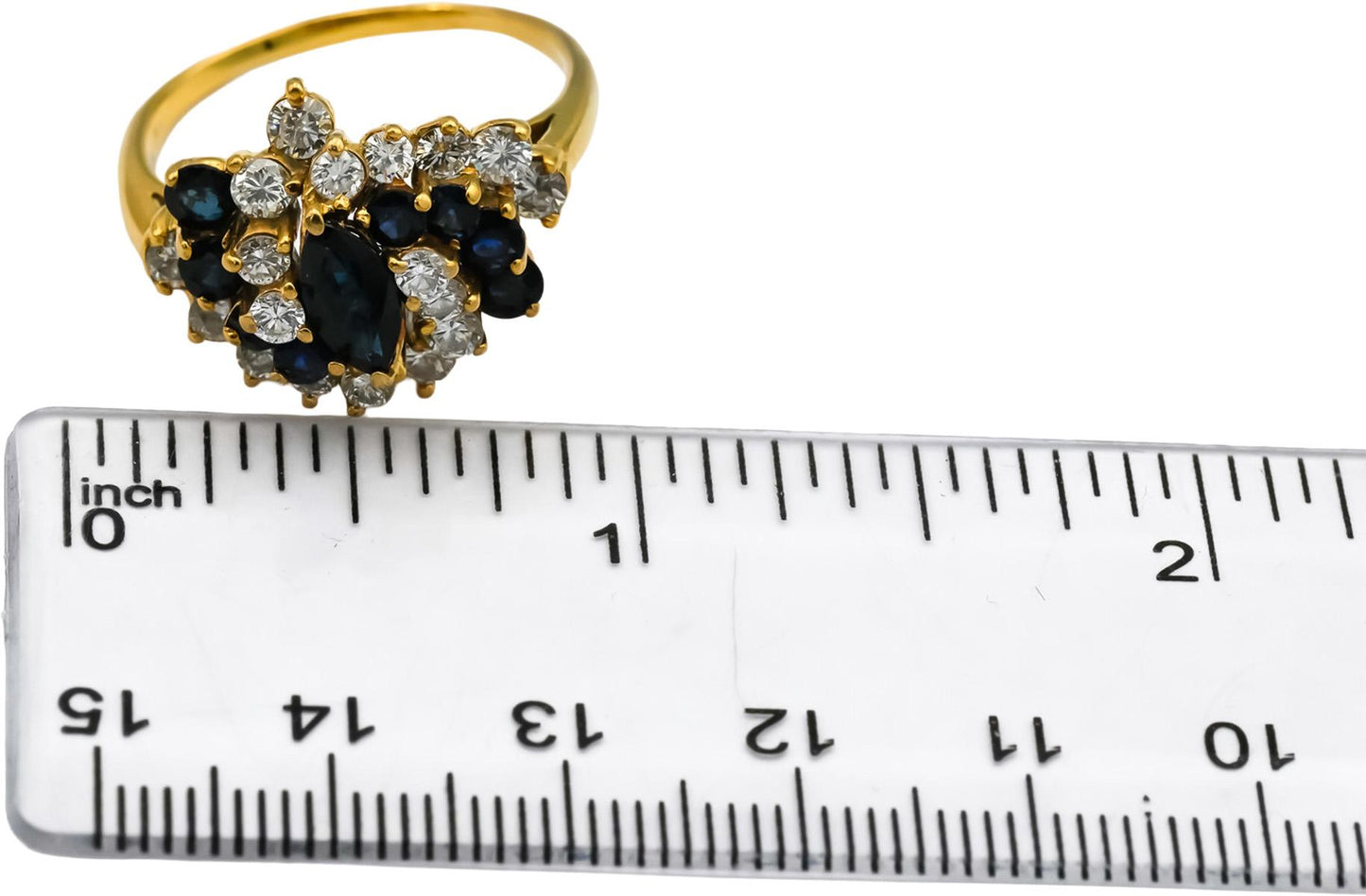 18k Yellow Gold VS Diamond and Blue Sapphire Cocktail Ring 1.75CT Size 10.5