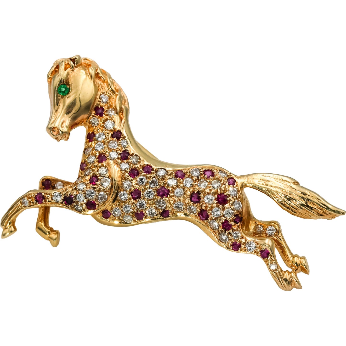 18k Rose Gold Ruby and Diamond Galloping Horse Brooch Pin 0.75CTW