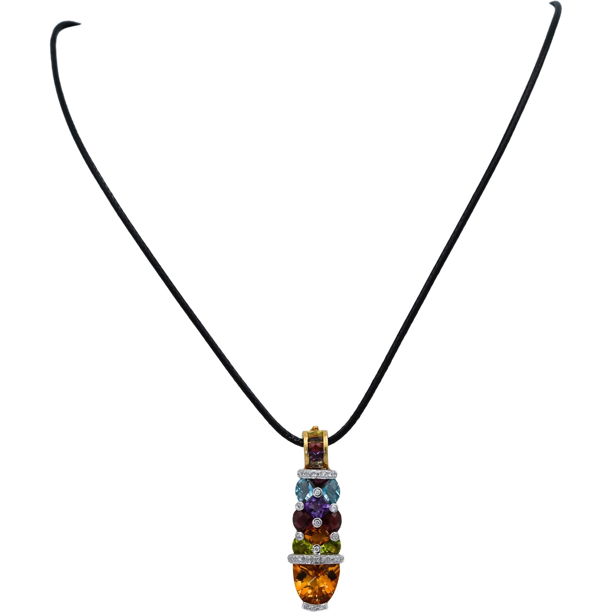 18k Yellow Gold Diamond & Rainbow Gemstone Pendant Necklace 7.15CTW