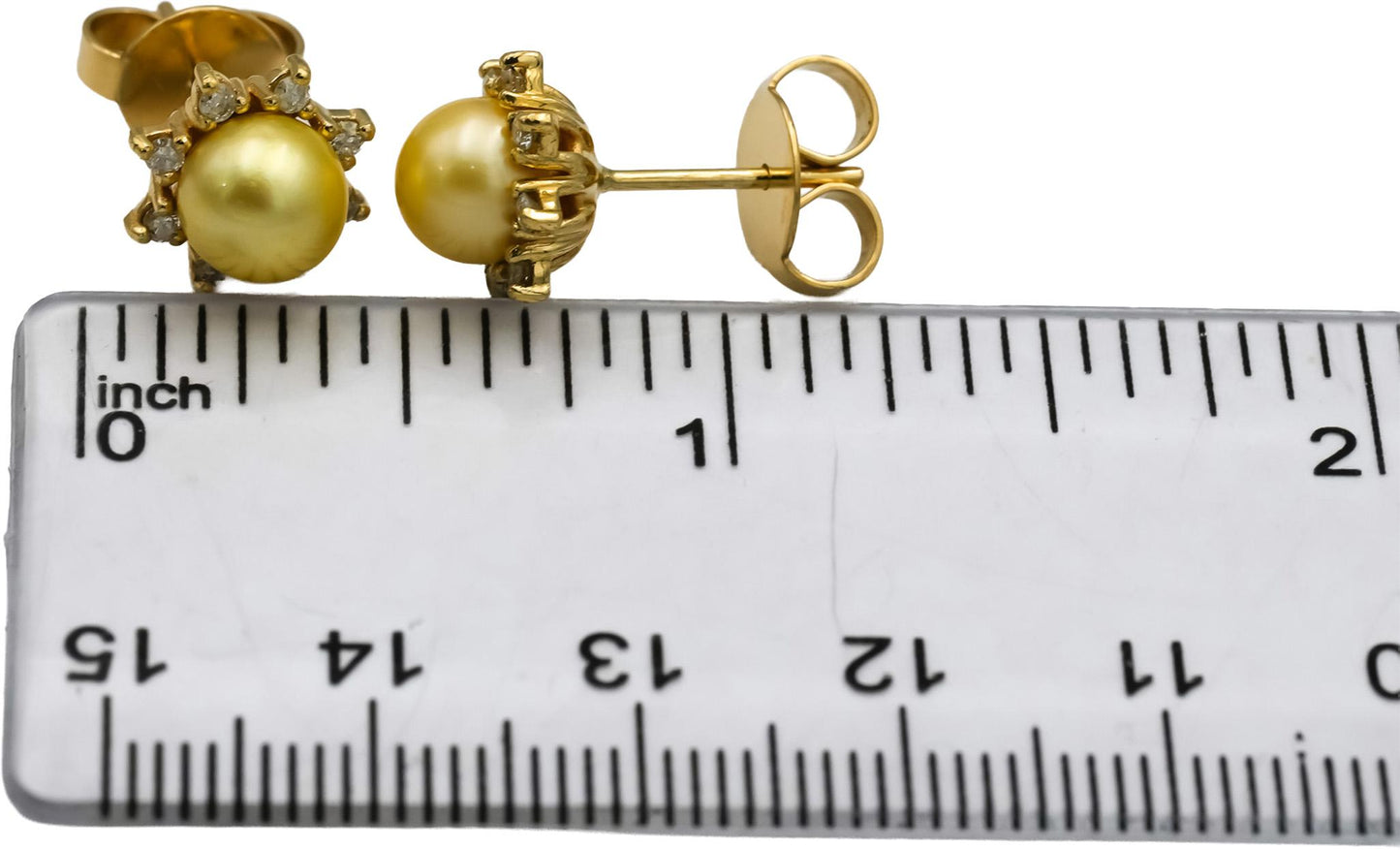 18k Yellow Gold Round Diamond & Golden Pearl Stud Earrings 0.25CT