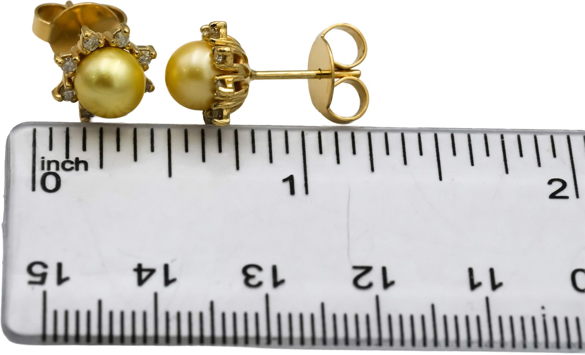 18k Yellow Gold Round Diamond & Golden Pearl Stud Earrings 0.25CT