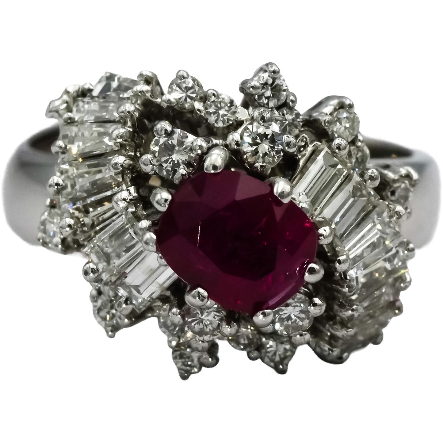 14k White Gold VS Diamond and Ruby Cluster Cocktail Ring 3.0CT Size 7.75