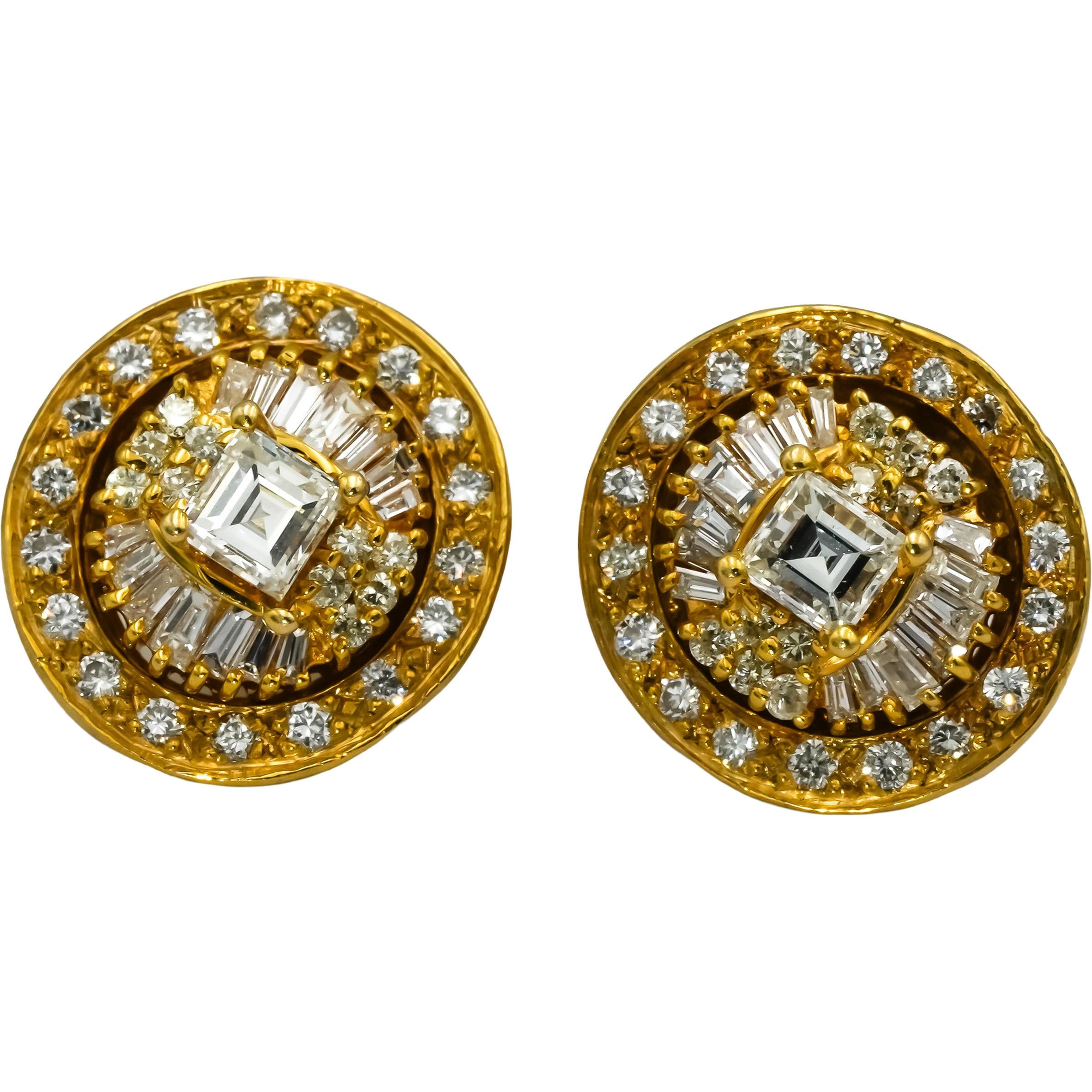 14k Yellow Gold VS Asscher Baguette Round Diamond Stud Earrings w/ Jackets 2.0CT