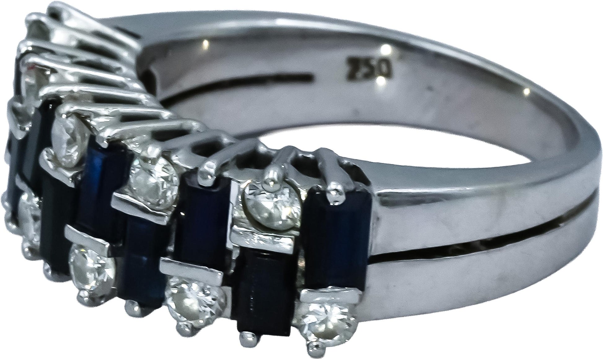 18k White Gold Round Diamond and Baguette Cut Sapphire Ring 1.50CT Size 5.5