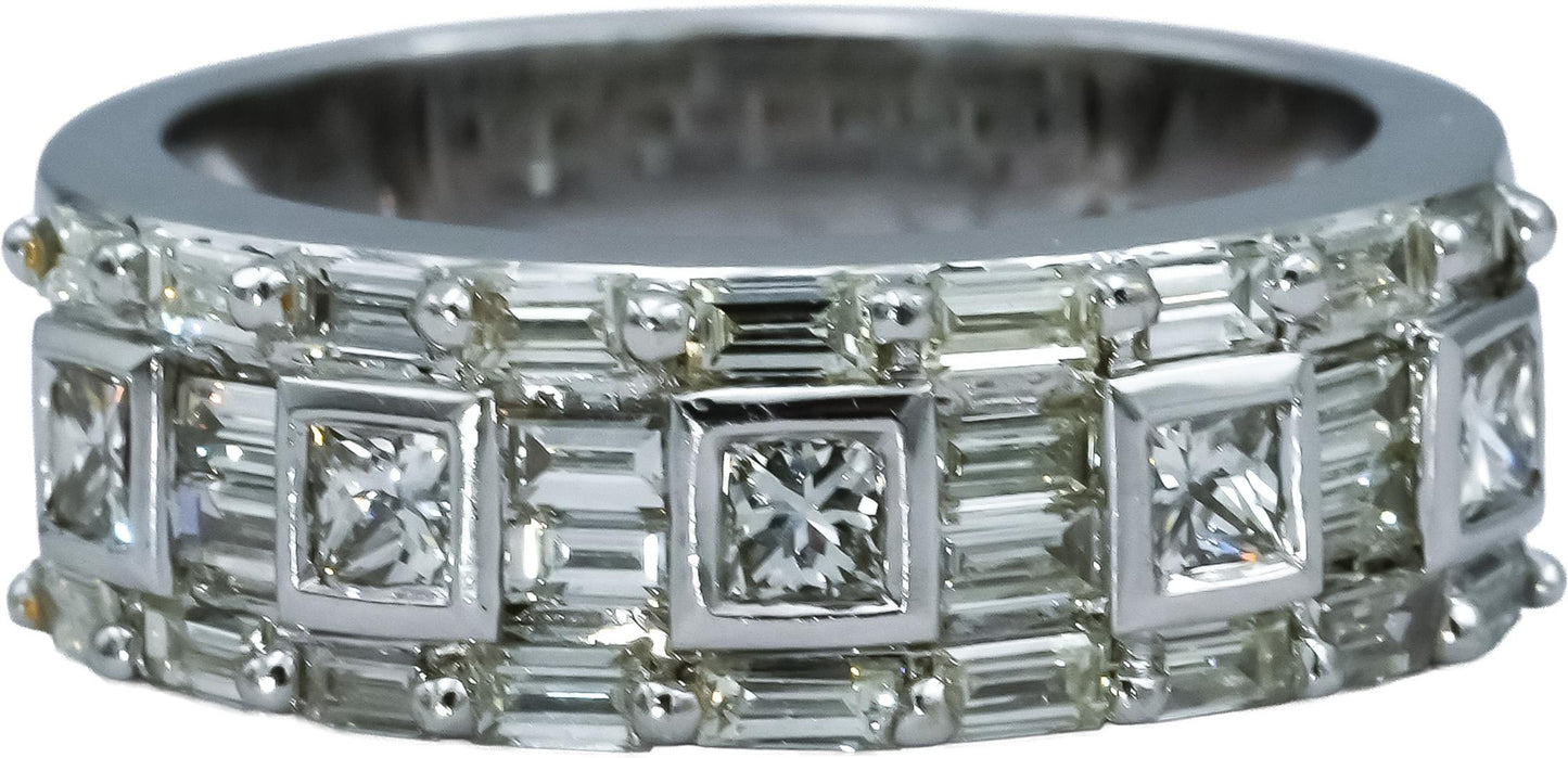 18k White Gold VS Round Baguette Princess Cut Diamond Band Ring 1.25CT Size 6.75