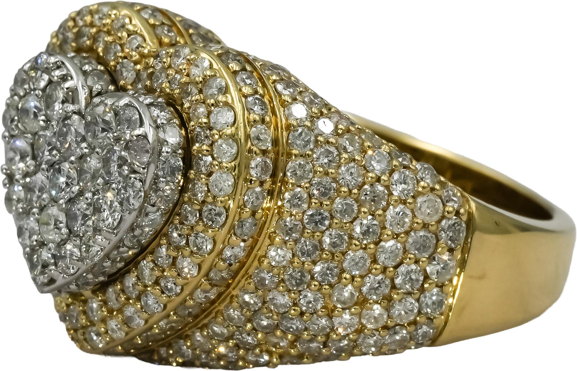 10k Yellow Gold Pave Diamond Heart Cluster Cocktail Ring 4.0CT Size 10.5
