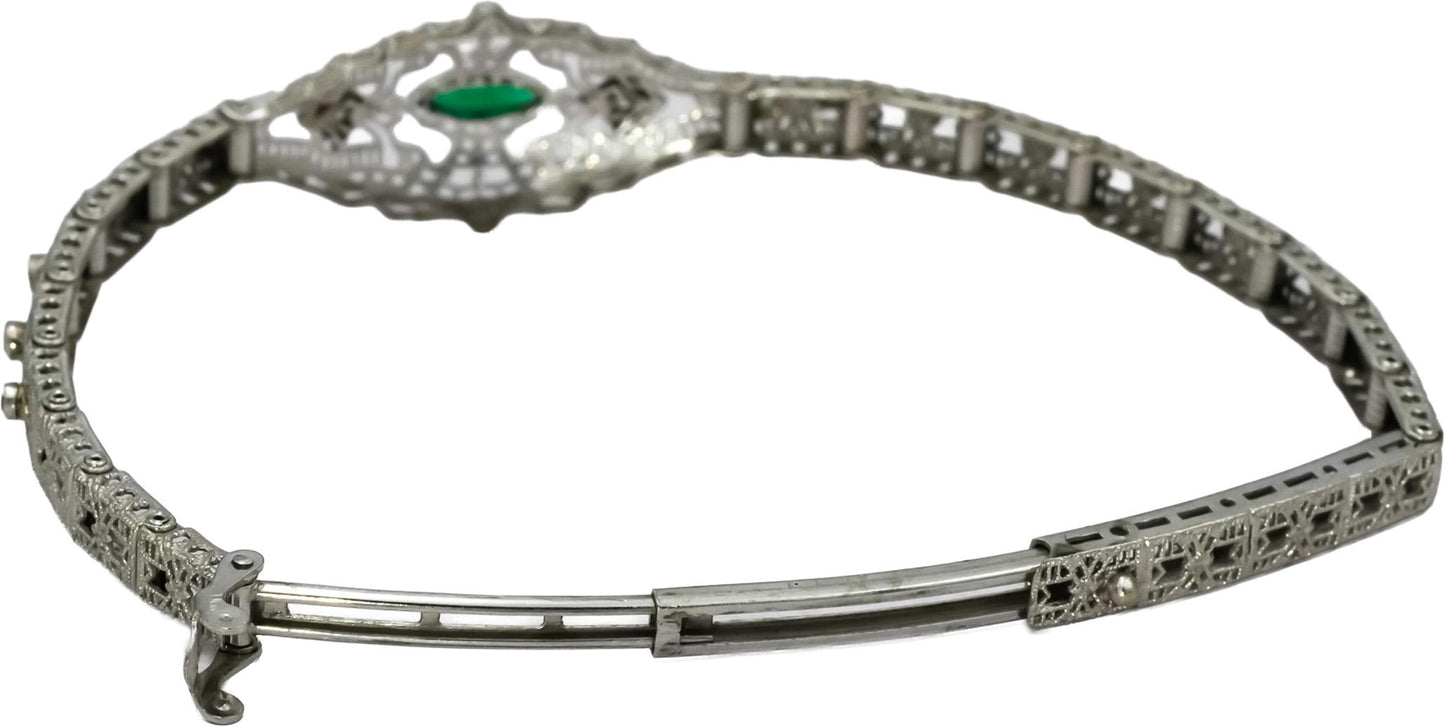 10k White Gold Diamond and Synthetic Emerald Filigree Bracelet 0.20CT