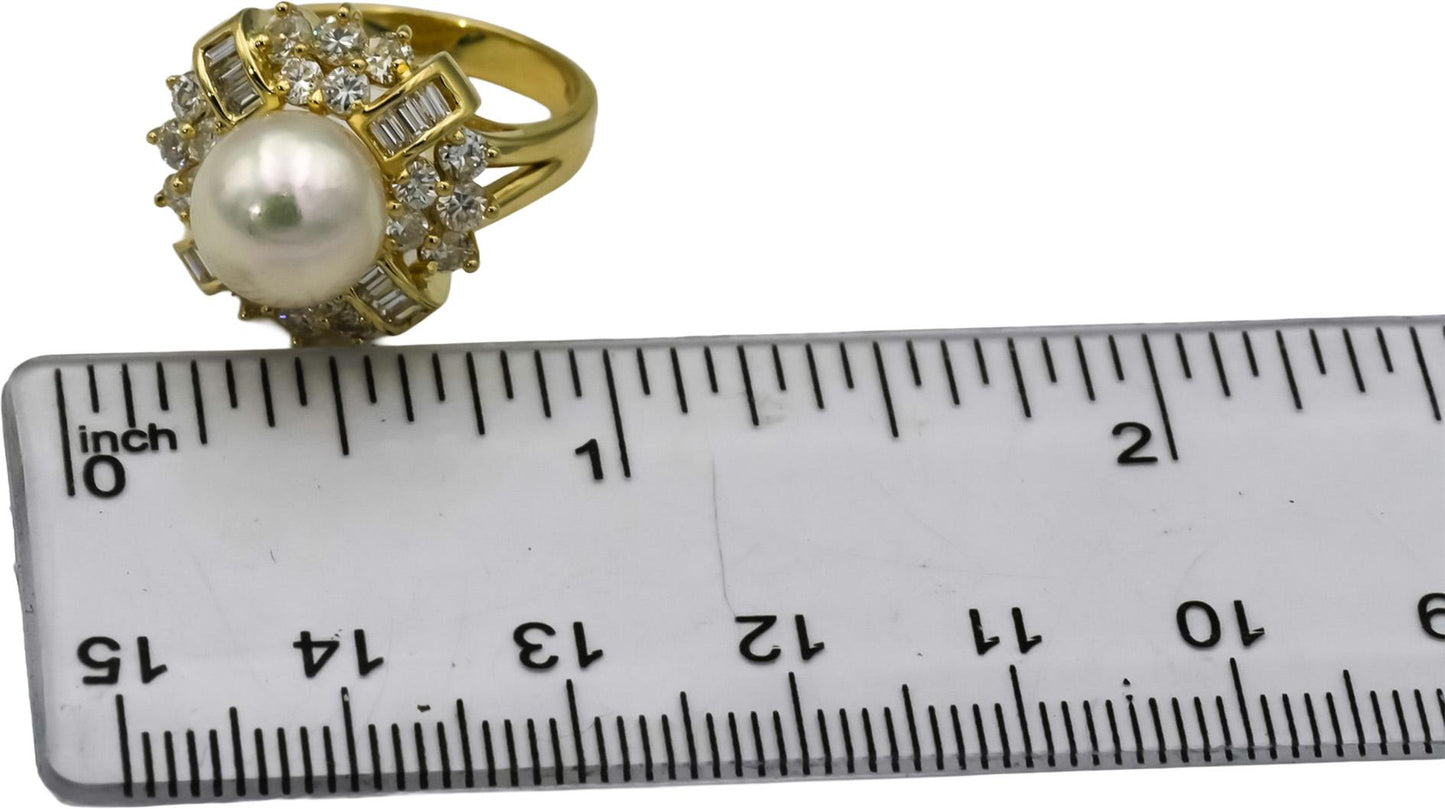 14k Yellow Gold Diamond and 9mm Pearl Cocktail Ring 1.50CT Size 6.75