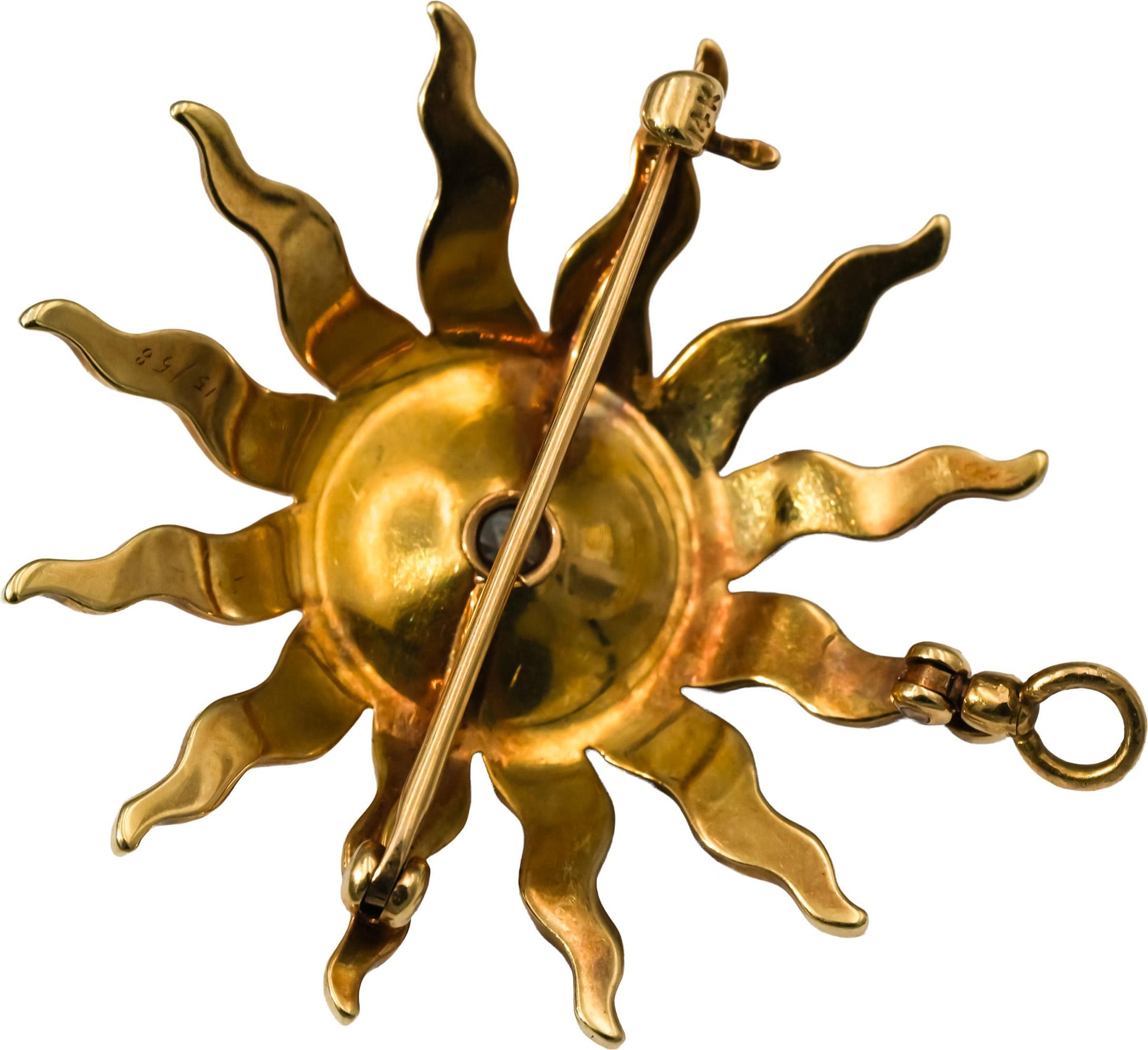 Vintage 14k Yellow Gold Old Euro Diamond Seed Pearl Sun Brooch Pendant .40CT