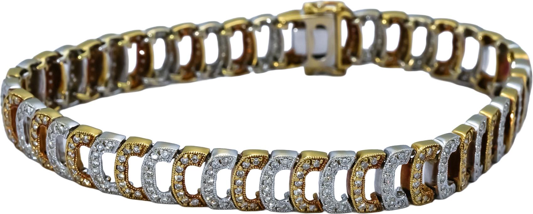 18k Yellow and White Gold Round Diamond Fancy Link Bracelet 2.0CT