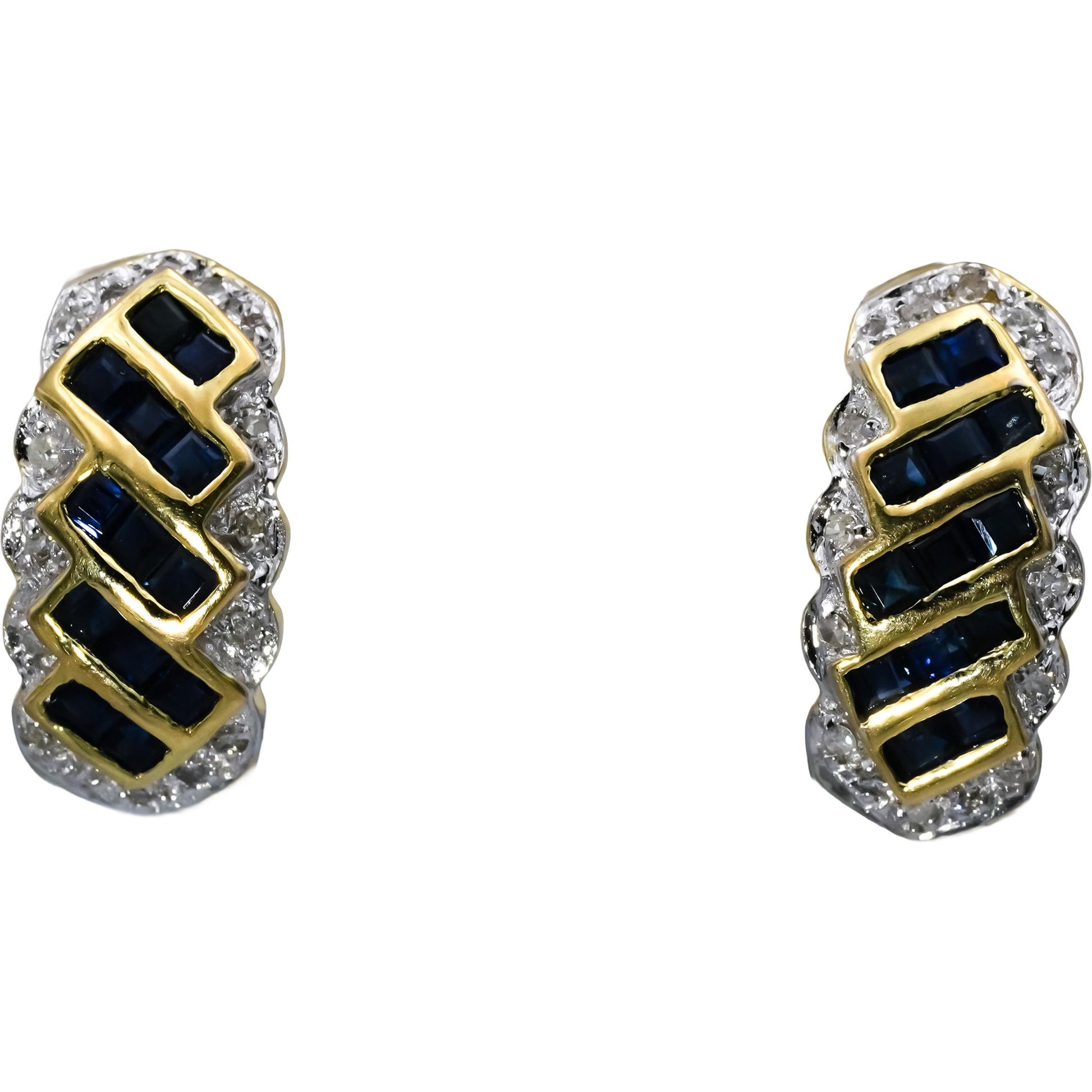 14k Yellow Gold Diamond and Sapphire Curved Earrings 1.90CT