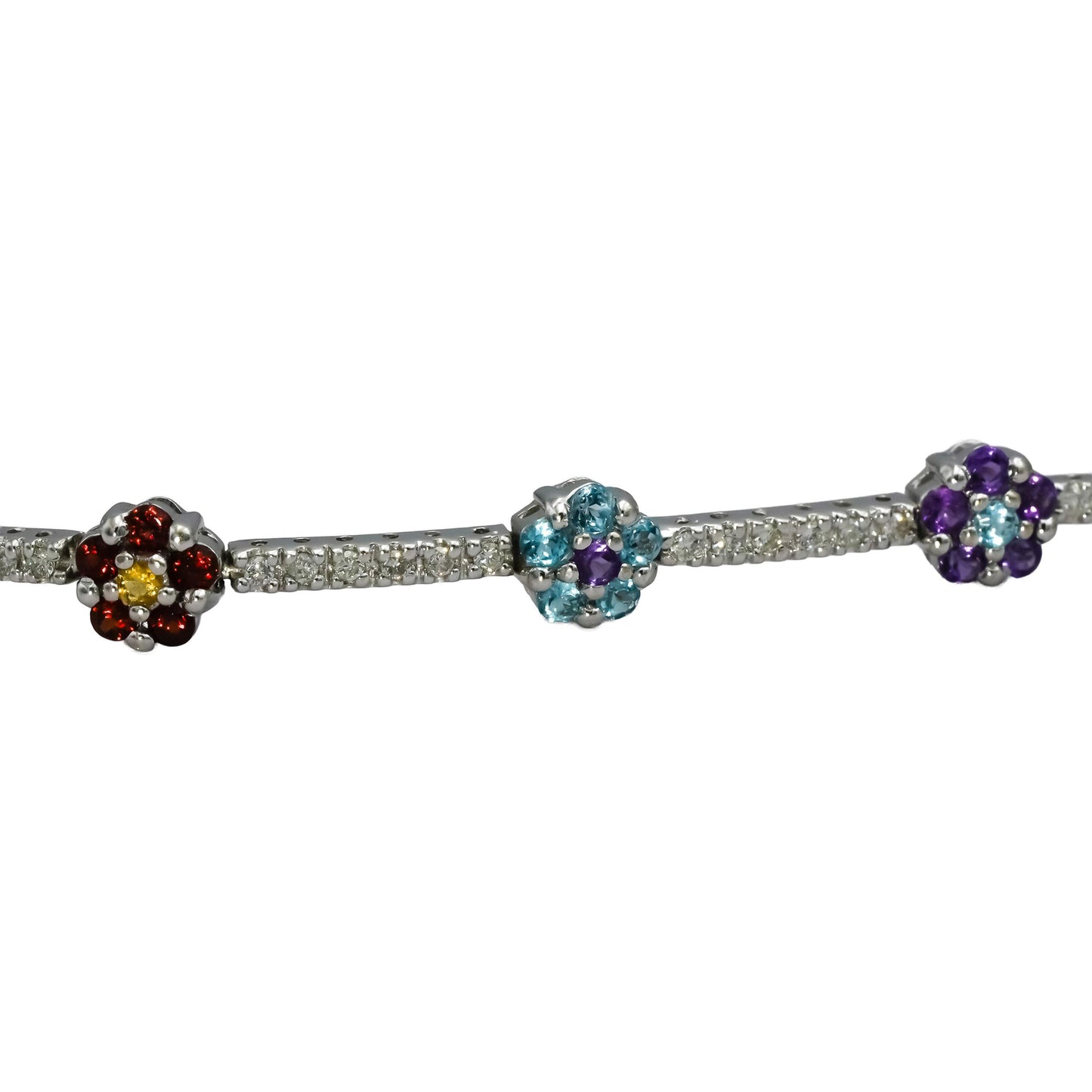 14k White Gold Round Diamond and Multi Color Gemstone Flower Bracelet 0.50CT