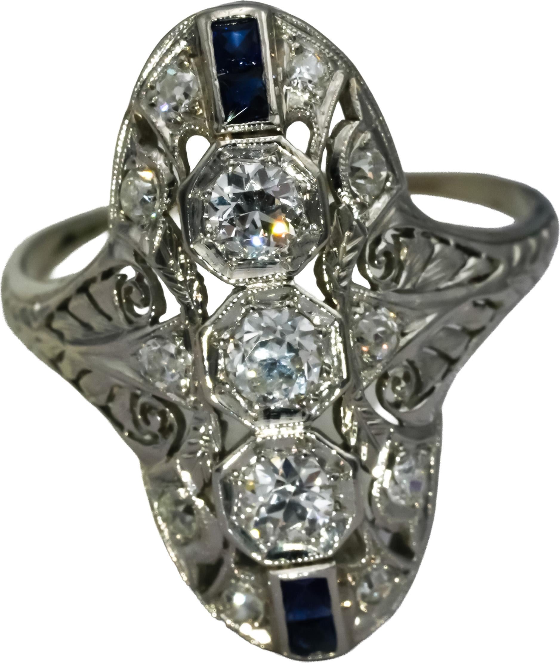 Antique Art Deco Filigree Platinum Diamond and Sapphire Dinner Ring 1.50CT