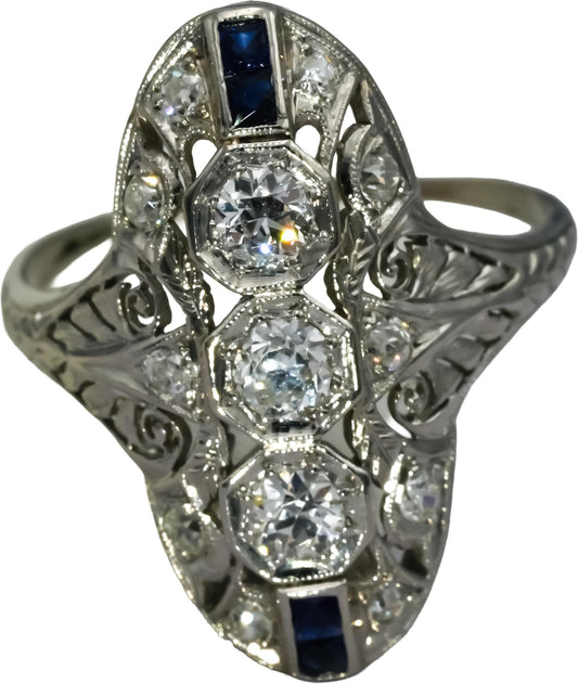 Antique Art Deco Filigree Platinum Diamond and Sapphire Dinner Ring 1.50CT