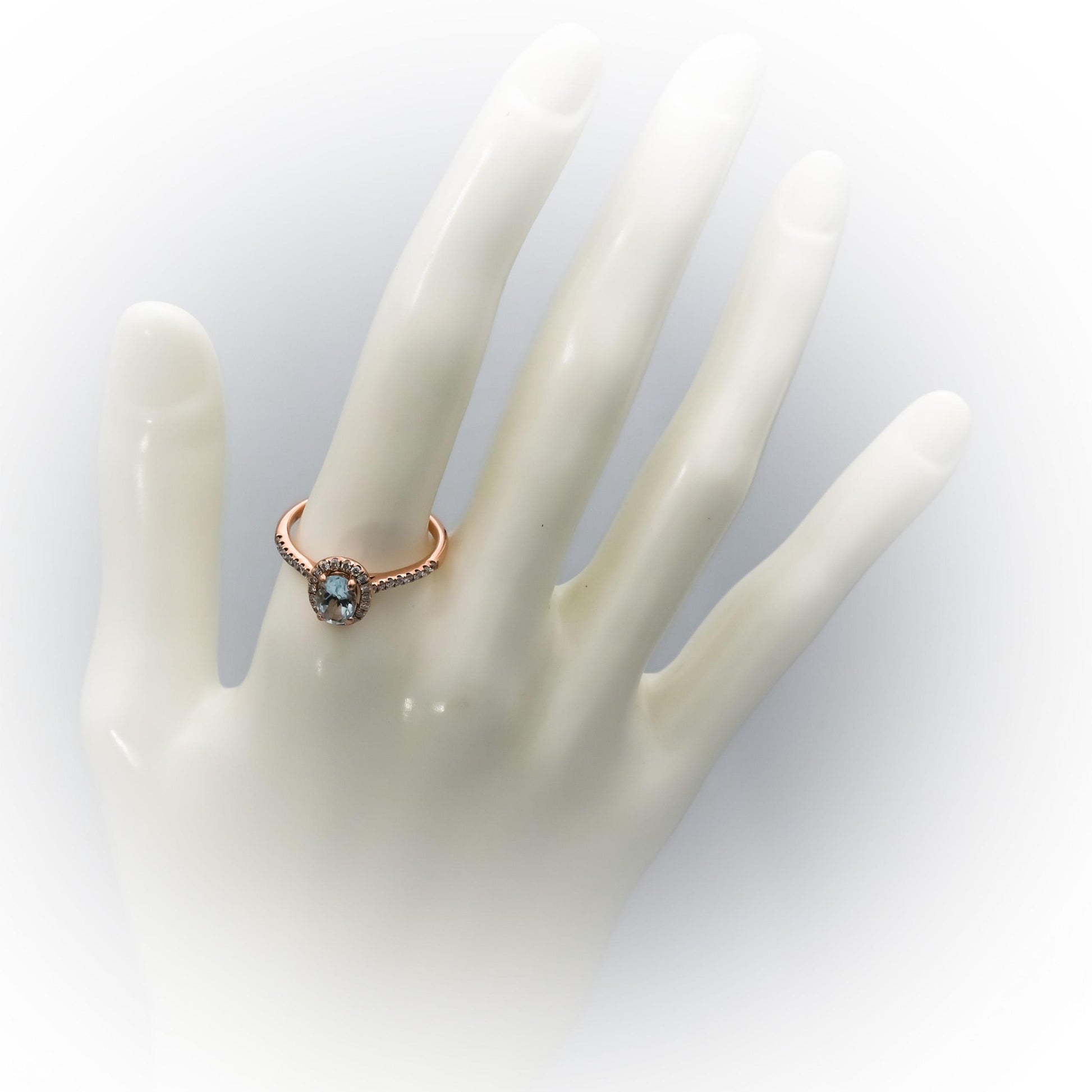 LE VIAN 14k Rose Gold Aquamarine and Diamond Halo Ring Size 8.5